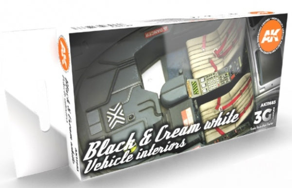 AK-Interactive: 3rd Gen Acrylics - Black & Cream White Vehicle Interiors Color Set