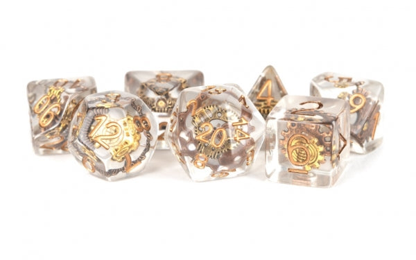 Metallic Dice: 16mm RESIN Polyhedral Dice Set - Gear Dice (7)