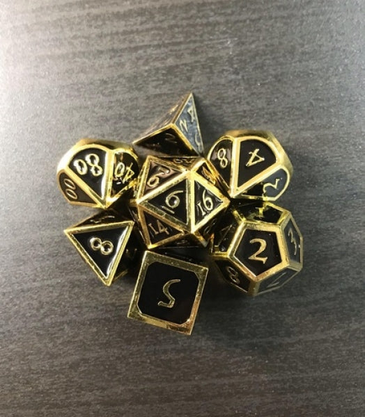 Black Shadow Set of 7 Metal Polyhedral Dice with Gold Numbers