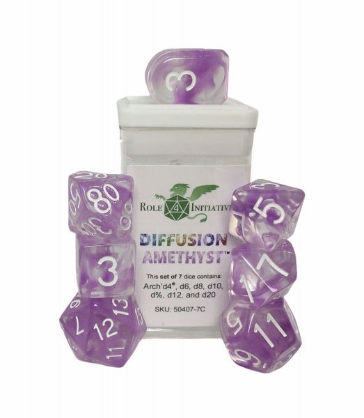 Polyhedral Dice Set: Diffusion Amethyst dice w/ Arch'd4 & Balance'd20 (7)