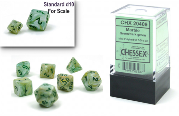 Chessex Dice Sets: Marble Mini-Polyhedral Green/Dark Green 7-Die Set
