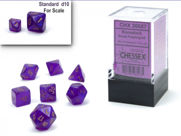 Chessex RPG Dice Sets: Borealis Mini-Polyhedral Royal Purple/Gold Luminary 7-Die Set