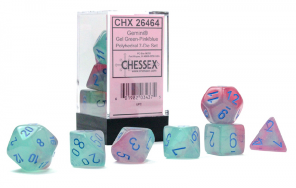Chessex RPG Dice Sets: Gemini Polyhedral Gel Green-Pink/Blue Luminary 7-Die Set