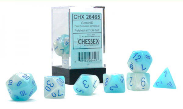 Chessex RPG Dice Sets: Gemini Polyhedral Pearl Turquoise-White/Blue Luminary 7-Die Set