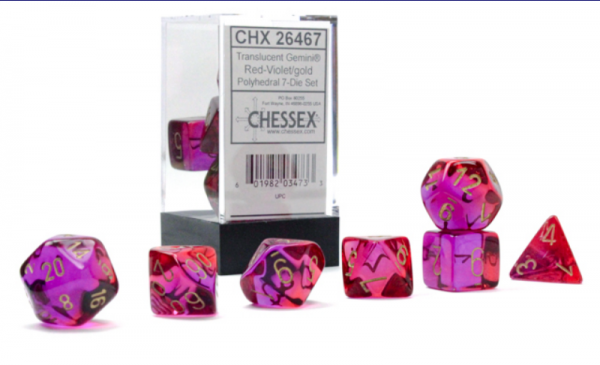Chessex RPG Dice Sets: Gemini Polyhedral Translucent Red-Violet/Gold 7-Die Set