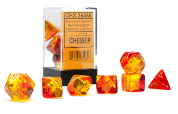 Chessex RPG Dice Sets: Gemini Polyhedral Translucent Red-Yellow/Gold 7-Die Set