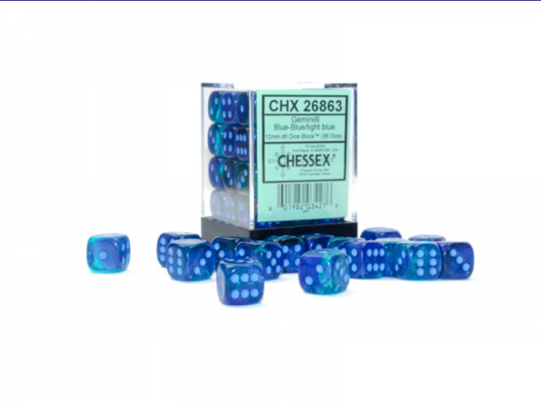 Chessex Dice Sets: Gemini 12mm d6 Blue-Blue/Light Blue Luminary Dice Block (36 dice)
