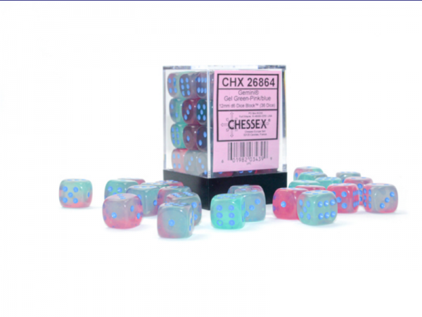 Chessex Dice Sets: Gemini 12mm d6 Gel Green-Pink/Blue Luminary Dice Block (36 dice)
