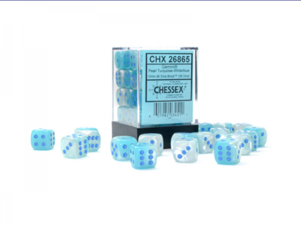 Chessex Dice Sets: Gemini 12mm d6 Pearl Turquoise-White/Blue Luminary Dice Block (36 dice)