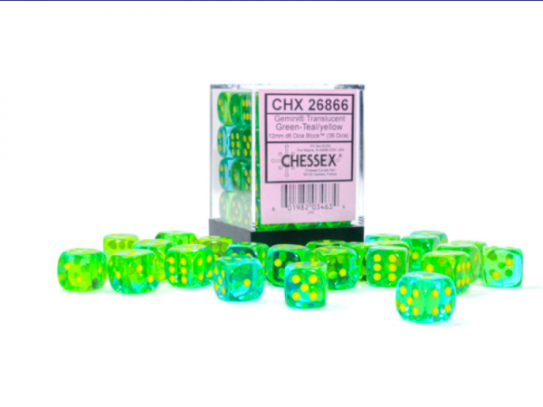 Chessex Dice Sets: Gemini 12mm d6 Translucent Green-Teal/Yellow Dice Block (36 dice)