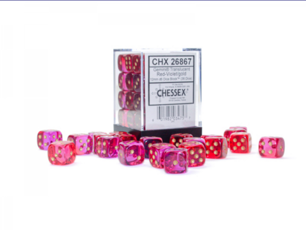 Chessex Dice Sets: Gemini 12mm d6 Translucent Red-Violet/Gold Dice Block (36 dice)