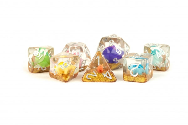 Metallic Dice: 16mm RESIN Polyhedral Dice Set - Rainbow Dinosaur Dice (7)