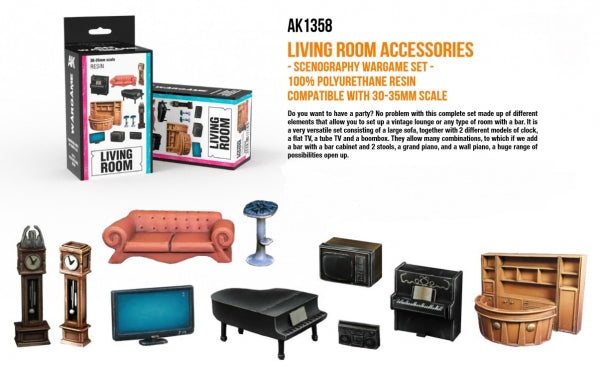 AK-Interactive: Scenography - Living Room Accessories (Poly-resin, 30-35mm scale)