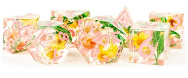 Handcrafted Sharp Edge Resin Dice Set: Chrysanthemum with Pink Numbers (7)