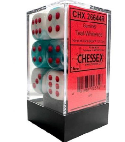 Chessex Dice Sets: Gemini 16mm d6 Teal-White/Red Dice Block (12) (Limited Edition)