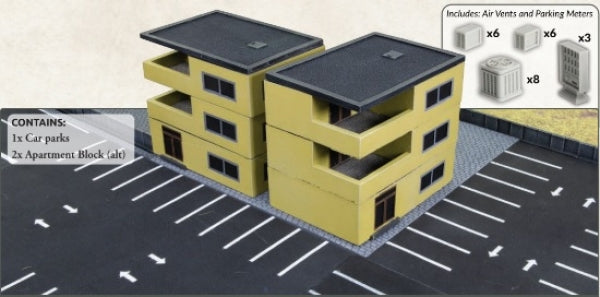 Battlefield in a Box: Pre-painted Terrain Bundle - Apartment Block & Parking Lot