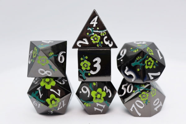 Foam Brain Dice Set: Black With Green Orchids RPG Metal Dice Set (7)