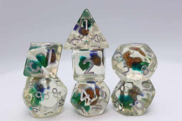 Polyhedral Dice Set: Green and Purple Flower RPG Dice Set (7)