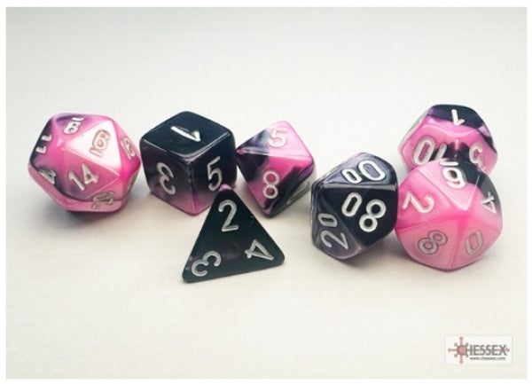 Chessex Dice Sets: Gemini Mini-Polyhedral Black-Pink/White 7-Die Set