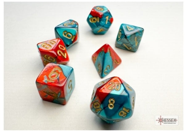 Chessex Dice Sets: Gemini Mini-Polyhedral Red-Teal/Gold 7-Die Set