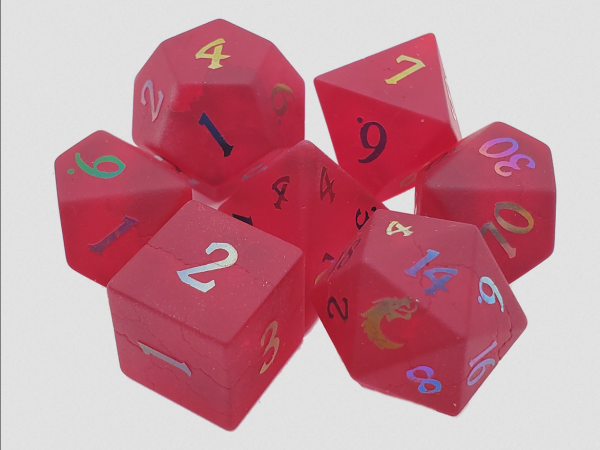 Old School RPG Dice Set: Gemstone - Frosted Blast Glass Red Ruby w/ Spectral (7)