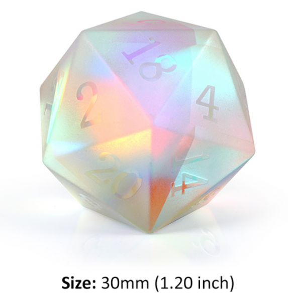 Dice Habit: 30mm Jumbo D20 Dice - Frosted Rainbow K9 Glass (1)