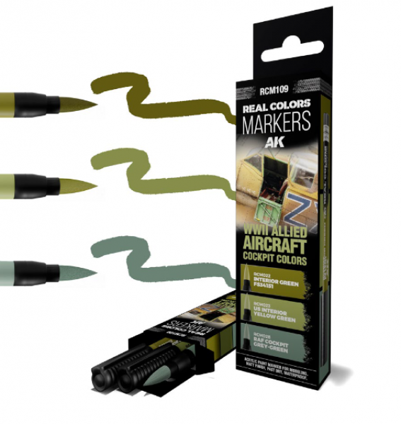 AK-Interactive: Real Color Acrylic Paint Marker Set - WWII Allied Aircraft Cockpit (3 color set)