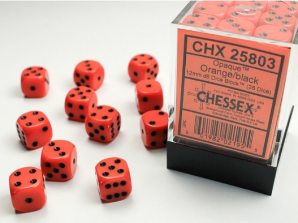 Chessex Dice Sets: Orange/Black Opaque 12mm d6 (36)