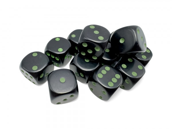 Opaque Black/green 16mm d6 Dice Block (12 dice)