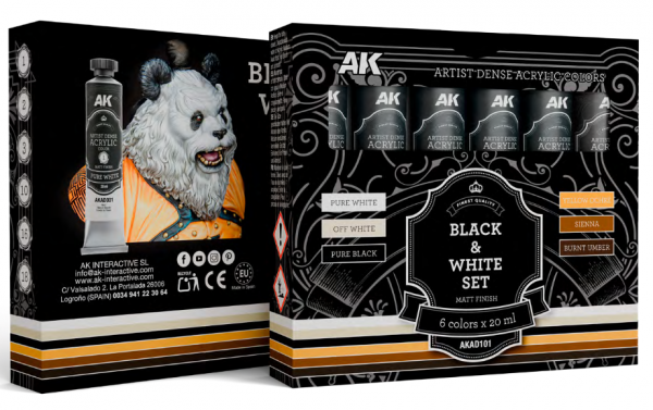 AK Interactive: Artist Dense Acrylic Color - Black & White Set (6 tubes, 20mL)
