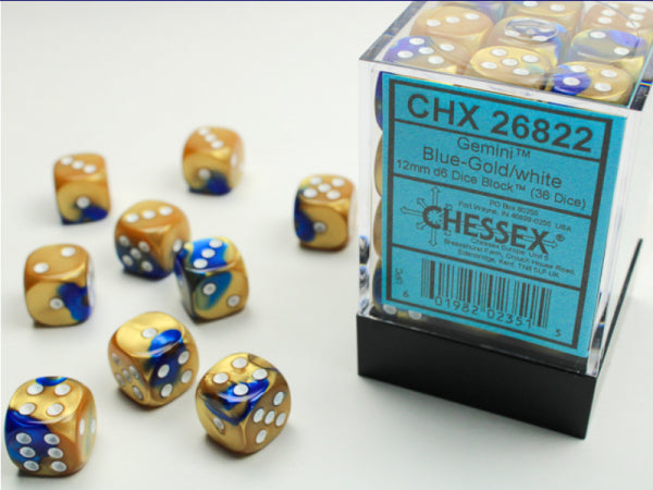 Chessex Dice Sets: Blue-Gold/White Gemini 12mm d6 (36)