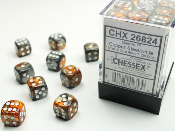 Chessex Dice Sets: Copper-Steel/White Gemini 12mm d6 (36)