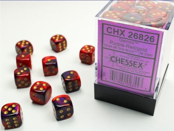 Chessex Dice Sets: Purple-Red/Gold Gemini 12mm d6 (36)