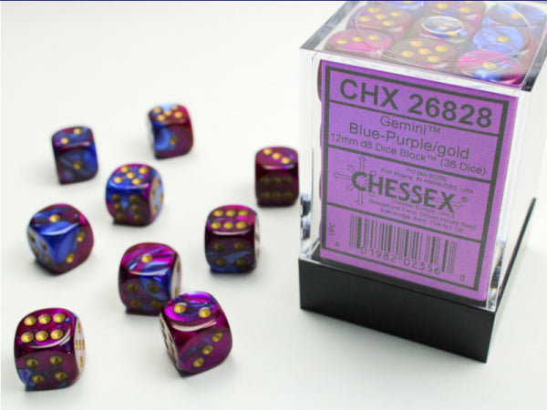 Chessex Dice Sets: Blue-Purple/Gold Gemini 12mm d6 (36)