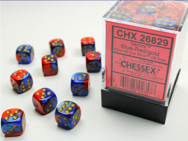 Chessex Dice Sets: Blue-Red/Gold Gemini 12mm d6 (36)