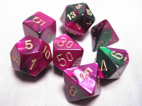 Chessex RPG Dice Sets: Green-Purple/Gold Gemini Polyhedral 7-Die Set
