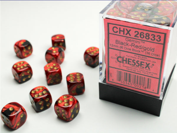 Chessex Dice Sets: Black-Red/Gold Gemini 12mm d6 (36)