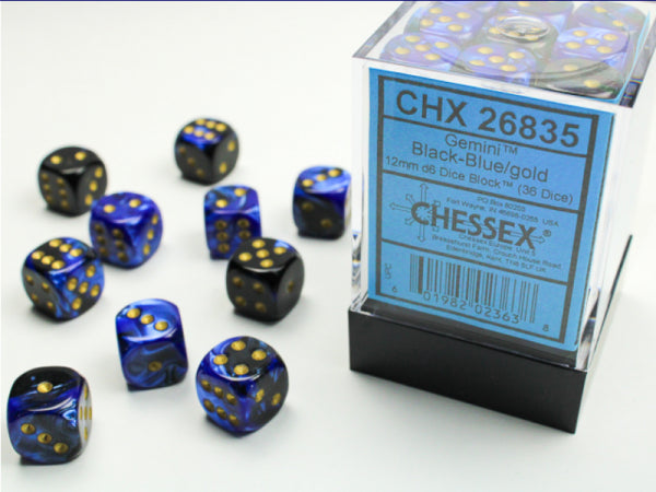 Chessex Dice Sets: Black-Blue/Gold Gemini 12mm d6 (36)