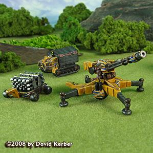 BattleTech Miniatures: J-27 Tow Vehicle, Thumper towed gun, trailer, and boxes