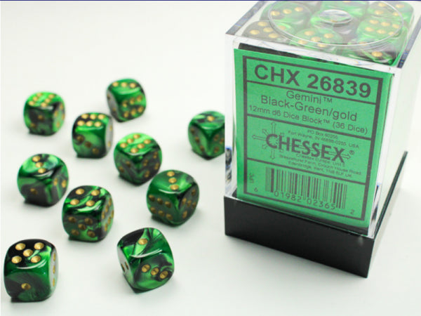 Chessex Dice Sets: Black Green/gold Gemini 12mm d6 (36)(36)