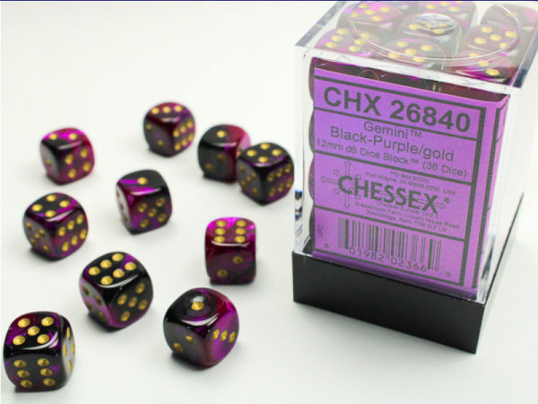 Chessex Dice Sets: Gemini 4 12mm D6 Black Purple/gold (36)