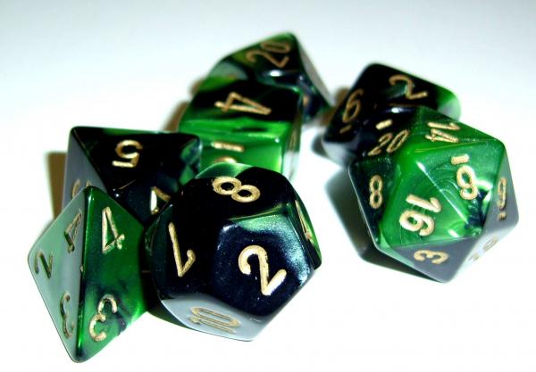 Chessex RPG Dice Sets: Gemini 4 Poly Black Green/gold Polyhedral 7-Die Set