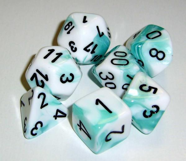 Chessex RPG Dice Sets: Gemini 4 Poly White Teal/black Polyhedral 7-Die Set