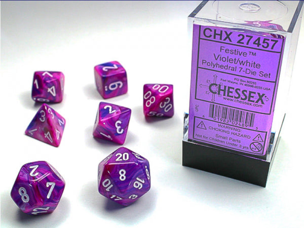 Chessex RPG Dice Sets: Violet/White Festive Polyhedral 7-Die Set