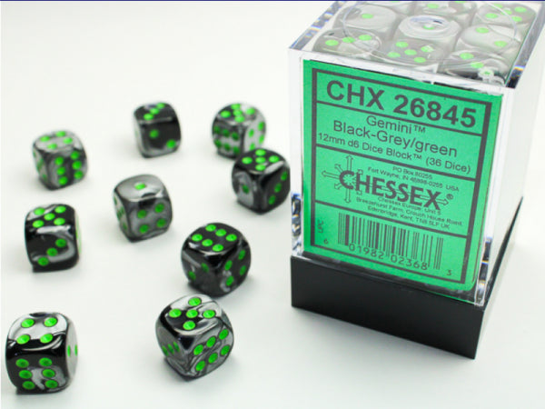 Chessex Dice Sets: Gemini # 5 12mm d6 Black-Grey/Green (36)