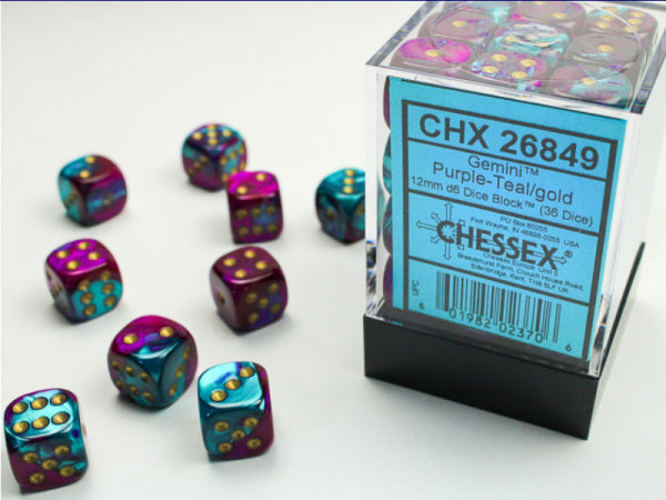Chessex Dice Sets: Gemini # 5 12mm d6 Purple-Teal/Gold (36)