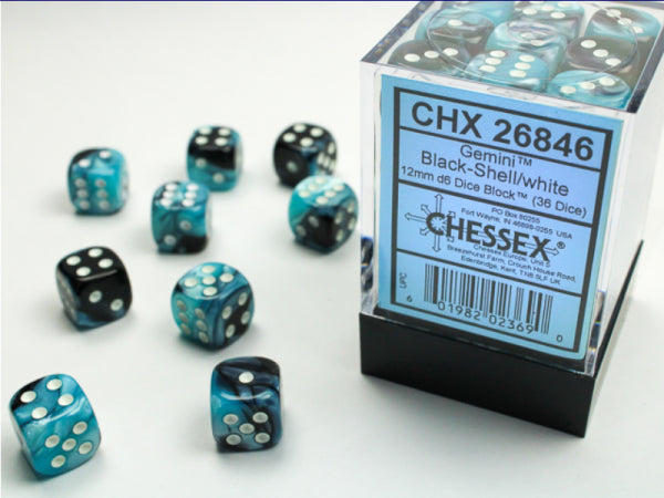 Chessex Dice Sets: Gemini # 5 12mm d6 Black-Shell/White (36)