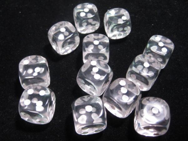 Chessex Dice Sets: Clear/White Translucent 16mm d6 (12)