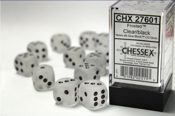 Chessex Dice Sets: Clear/Black Frosted 16mm d6 (12)