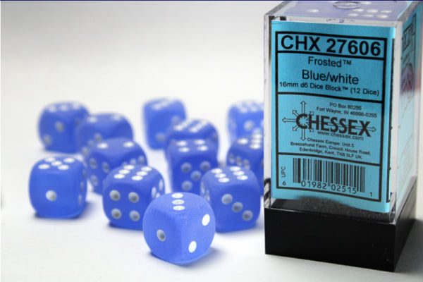 Chessex Dice Sets: Blue/White Frosted 16mm d6 (12)